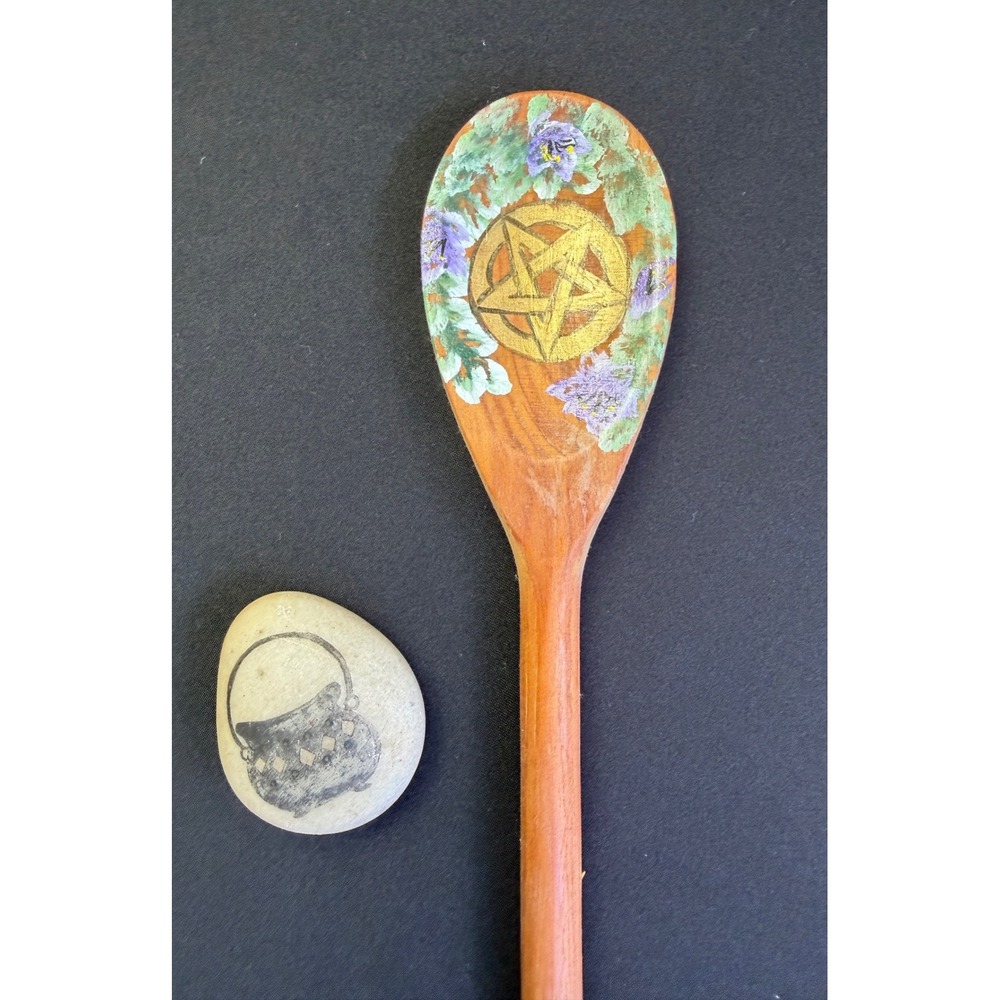 Hand Painted Pentagram Wooden Spoon Cauldron Stone Set Witchcore Pagan Altar 18"